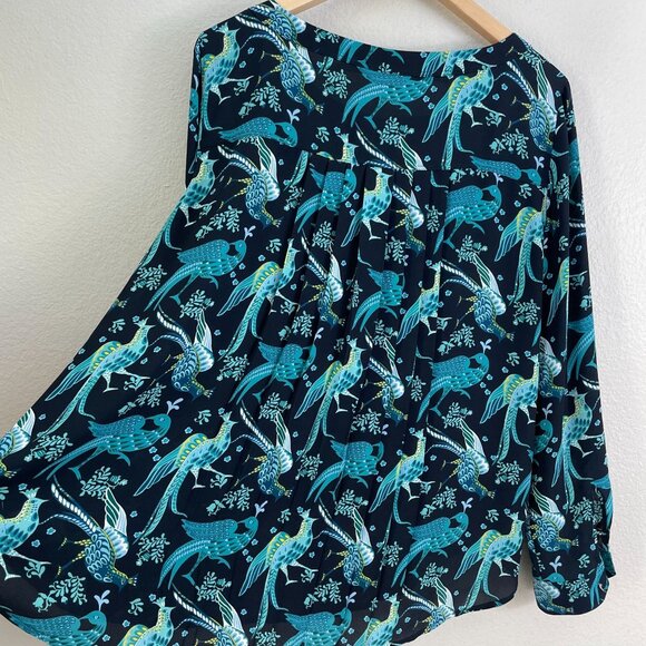 Ann Taylor Loft Womens Large Bird Peacock Print Blouse Long Sleeve Shirt Top - Picture 6 of 9